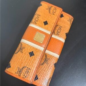 MCM Cognac and Cream Monogram Continental Wallet with Gold Plaque